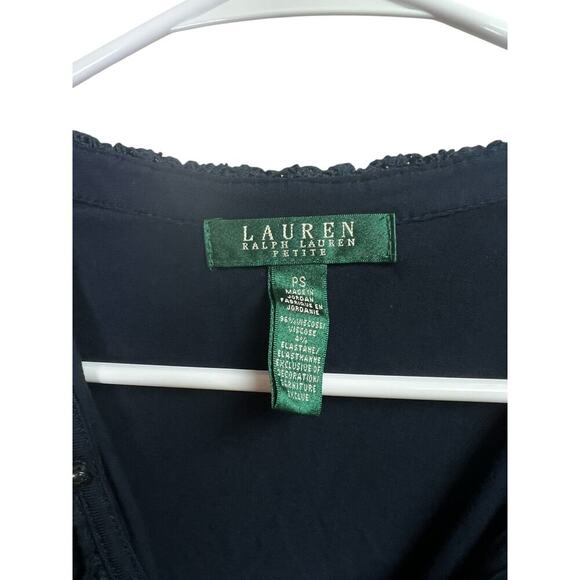 Lauren Ralph Lauren Navy Blue Crochet Ruffle Neck Blouse Petite Small - Picture 2 of 7